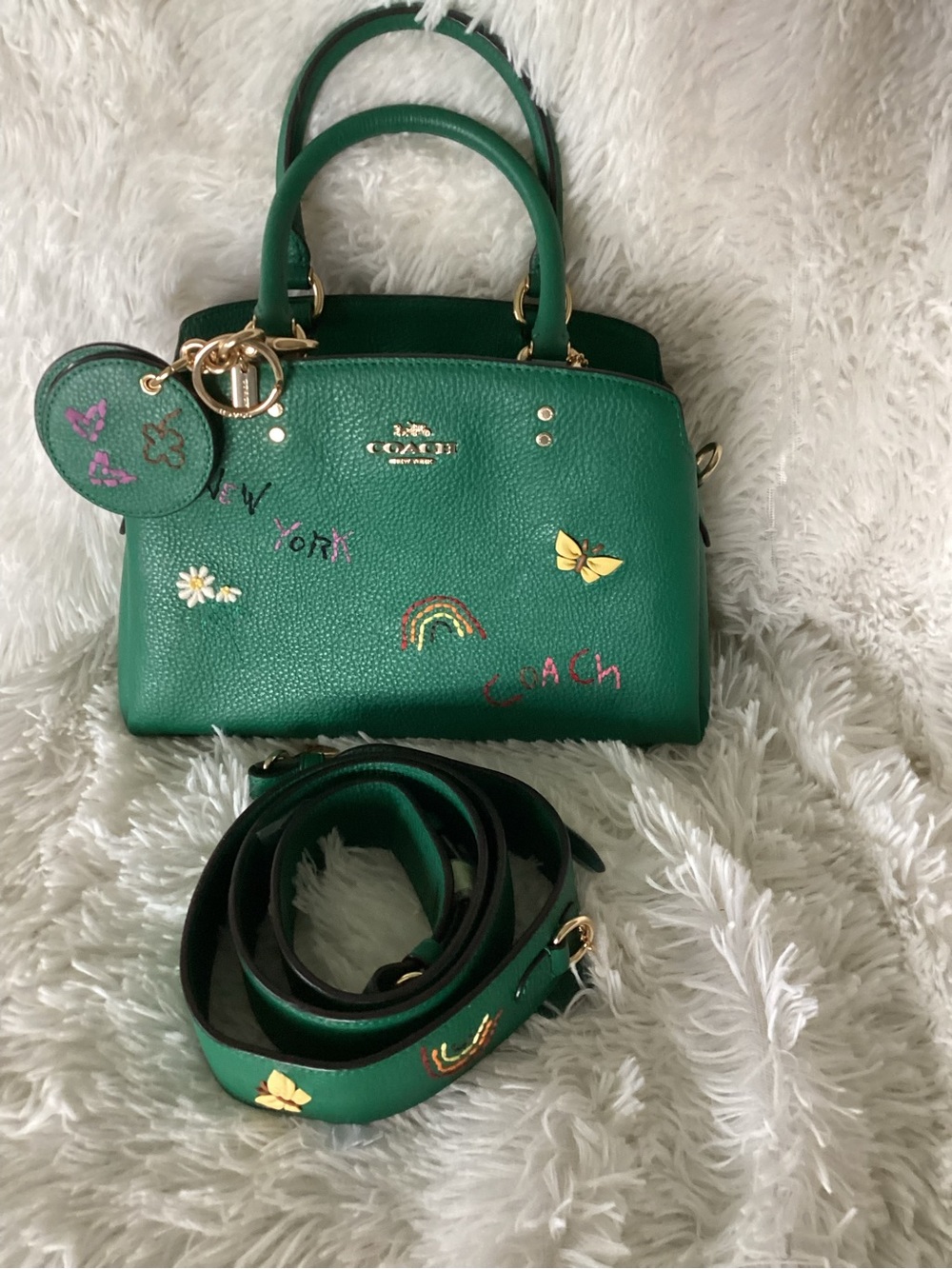 Coach Green Pebbled Leather Satchel with Embroidered Accents